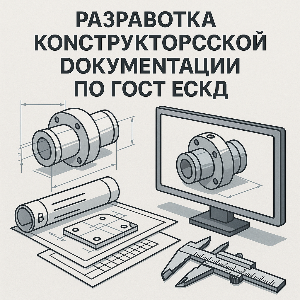 Разработка конструкторской документации по ГОСТ ЕСКД — чертежи, 3D-модель и измерительный инструмент на фоне экрана