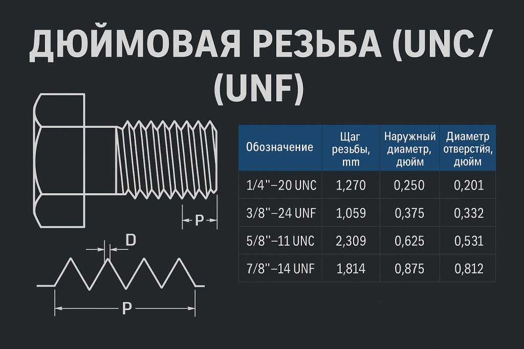 Дюймовая резьба UNC и UNF — таблица размеров, шагов и моментов затяжки