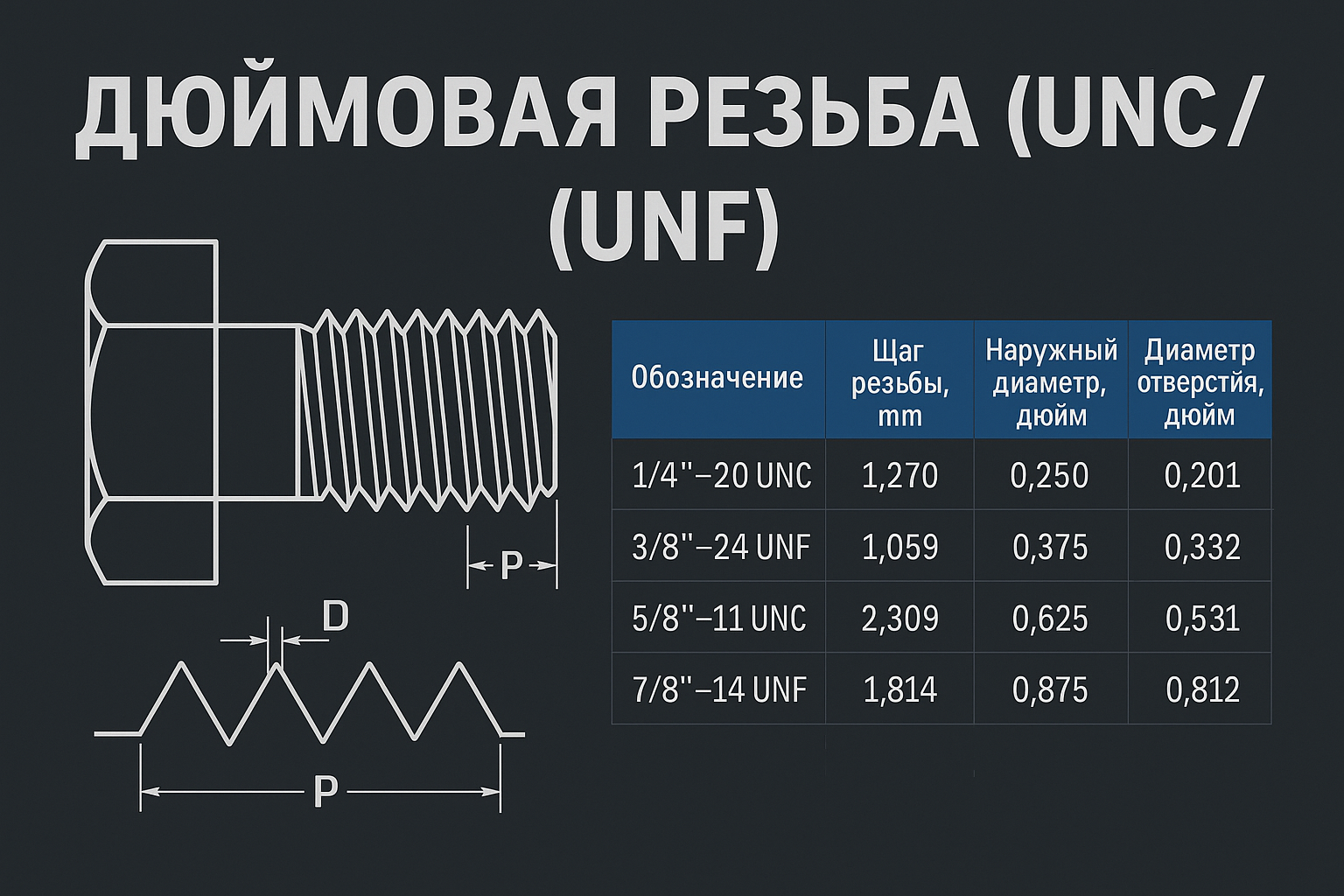 Дюймовая резьба UNC и UNF — таблица размеров, шагов и моментов затяжки